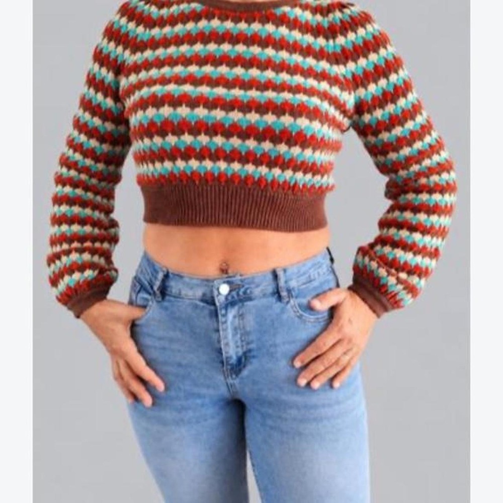 Cropped sweater retro Y2K geometric Chevron fisherman gathered oversized